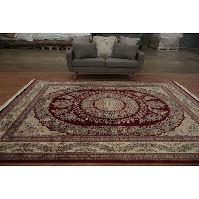 Hand Knotted Oriental 100% Wool Carpet Traditional Floral Red Aubusson Area Rug - 10' 3'' X 8' 0''