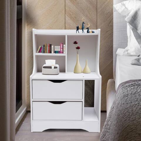 2 Drawers Wood End Table with Storage Shelf Nightstand