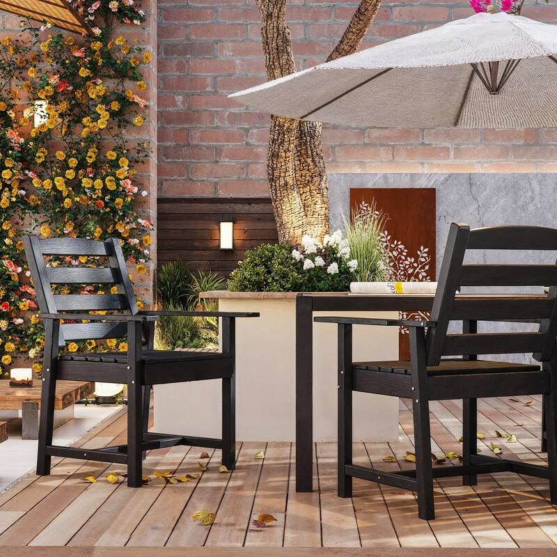 Set of 2 Outdoor Dining Chairs with Armrests, HDPE All Weather Patio Chairs, Waterproof UV Resistant Wood Grain Armchai - Black(w/armrest)