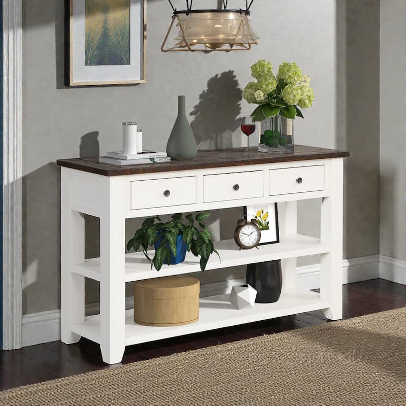 48 Inch Solid Pine Wood Console Table with 3 Drawers & 2 Shelves, Vintage Entryway Sofa Table for Hallway & Living Room