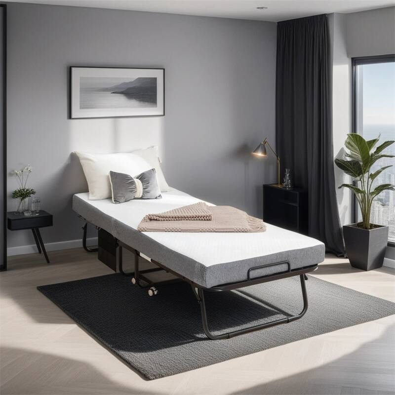 Folding Bed Cot with Mattress for Adults, Foldable Metal Frame Bed - Black