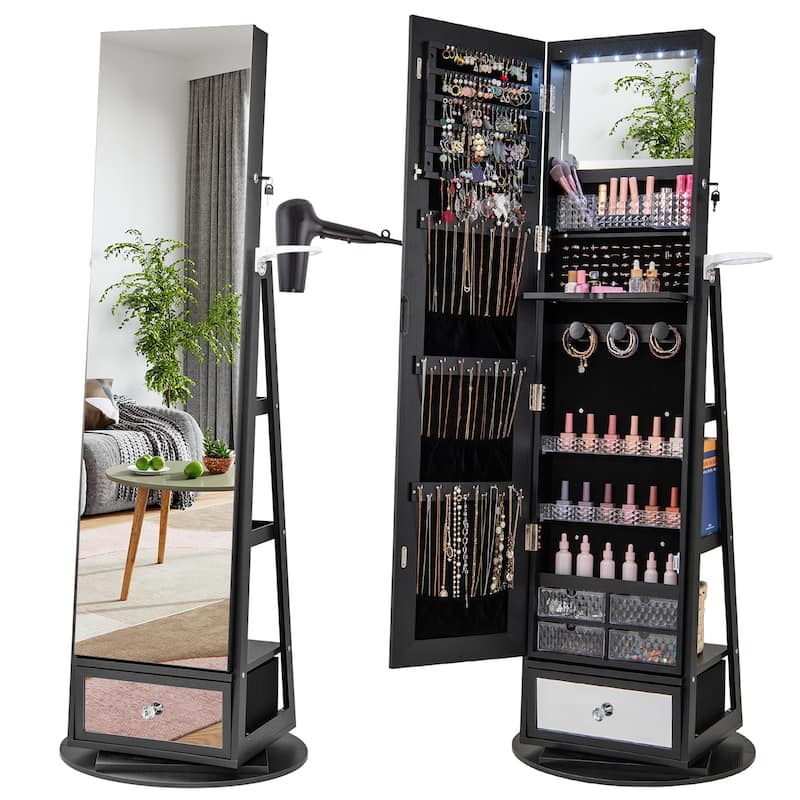 Gymax Swivel Jewelry Cabinet w/ Mirror Jewelry Storage Organizer - Black