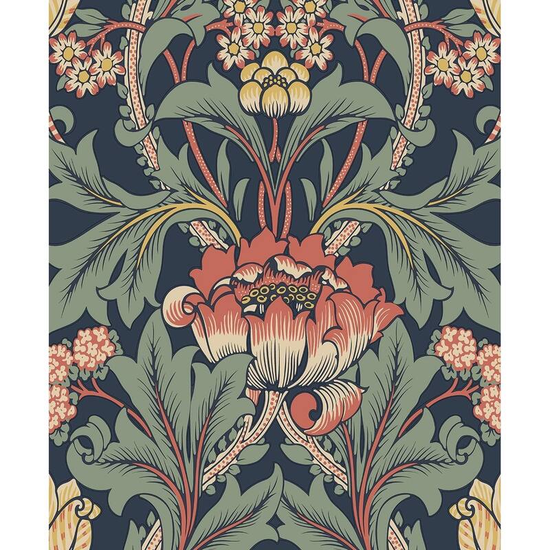 Seabrook Designs Primrose Garden Floral Prepasted Wallpaper - 20.9 in. W x 33 ft. L - Denim Blue & Auburn