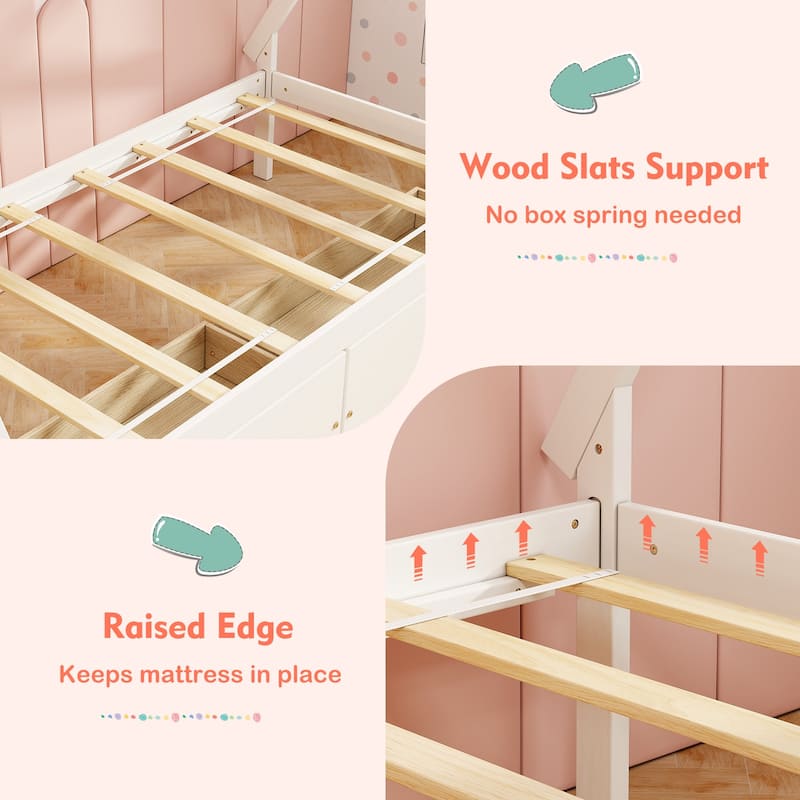 Kids Twin Size Wooden House-Shaped Platform Bed with Storage Drawers for Boys and Girls