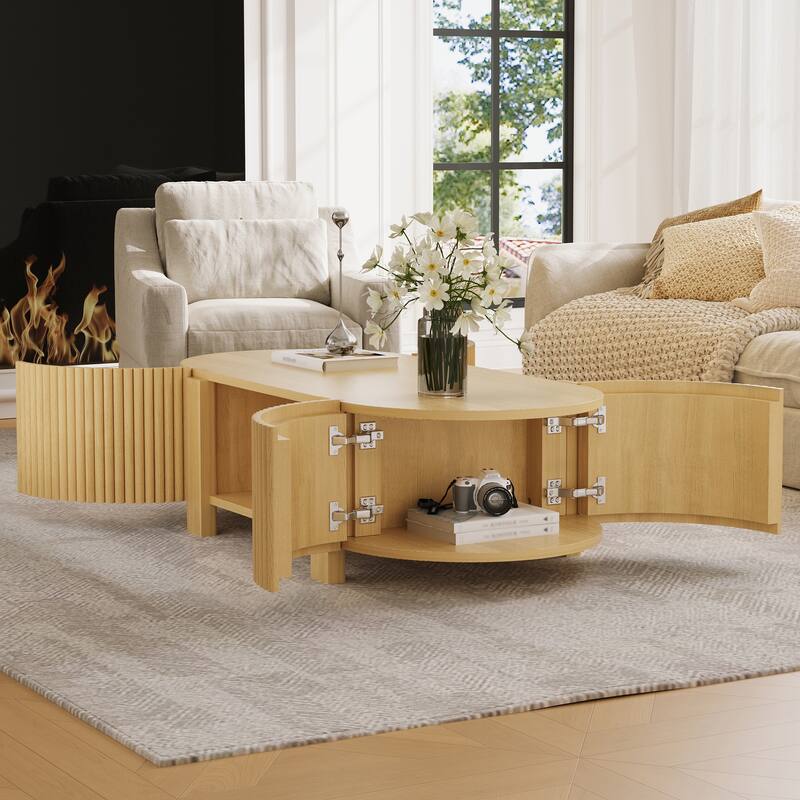 47" Oval Fluted Coffee Table with 2 Doors, Open Shelf & Wood Finish - Natural