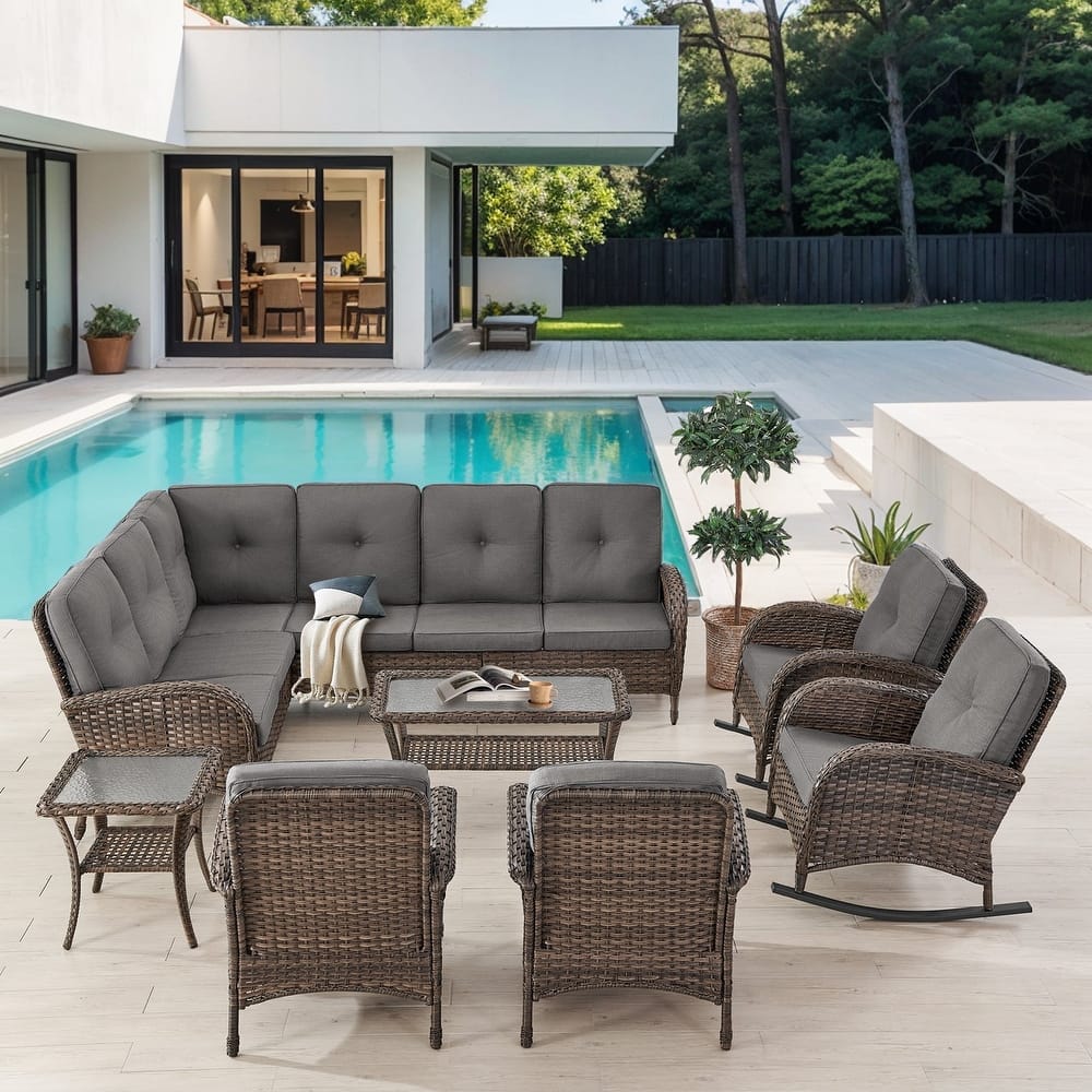 Gymojoy L-Shaped Outdoor Sectional Sofa Set with Rocking Chairs & Side Table