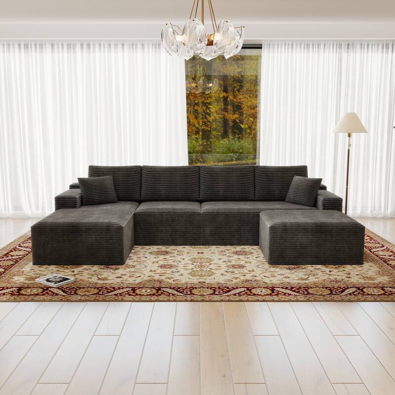 Roomfitters 131.9" Modular Sectional Sofa, 4-Piece Compressed Cloud Couch, No Assembly Required, Plush Corduroy, Grey - Grey