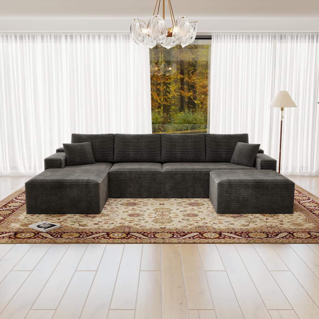 Roomfitters 131.9" Modular Sectional Sofa, 4-Piece Compressed Cloud Couch, No Assembly Required, Plush Corduroy, Grey