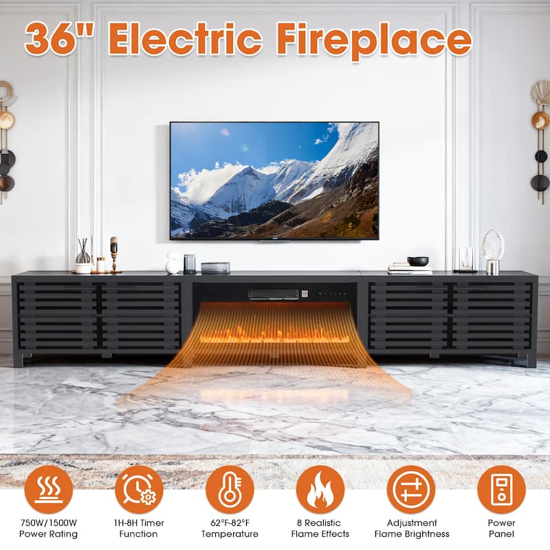 115" Mid-Century Modern Black Electric Fireplace TV Stands for TVs up to 120" with Remote