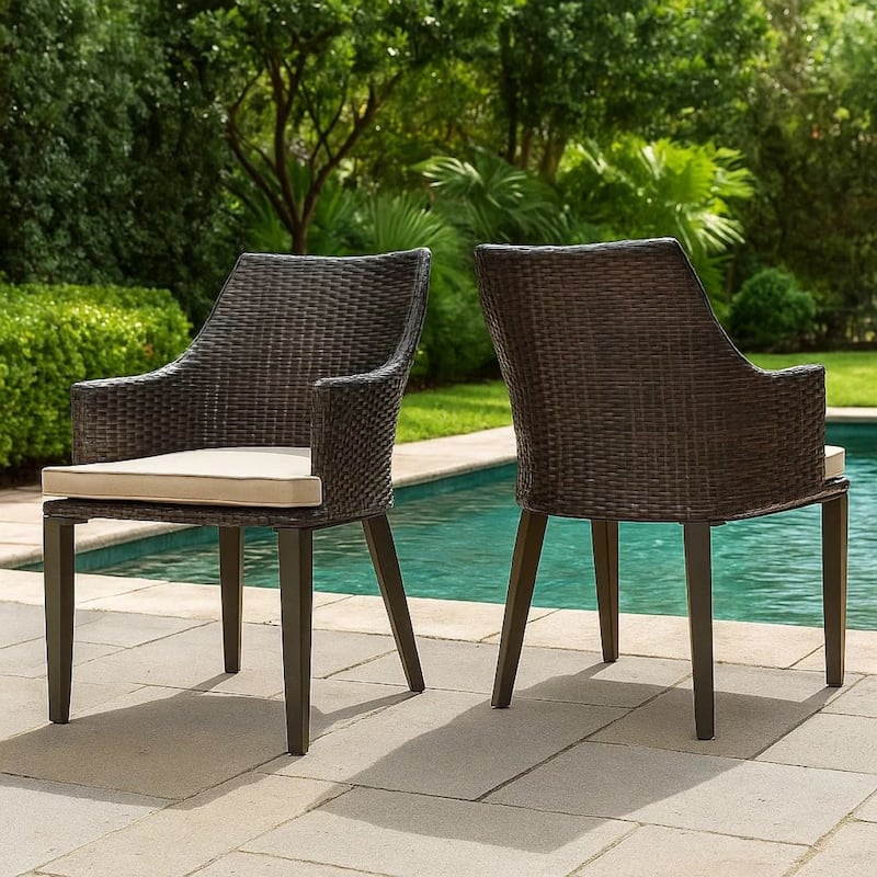 Ellish Outdoor Chair Set of 2, Metal Legs, Brown Rattan, Beige Fabric