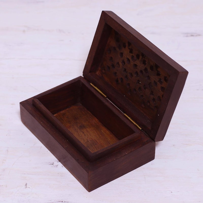 Handmade Floral Subtlety Wood Decorative Box (India) - 1.3" H x 4" W x 2.5" D