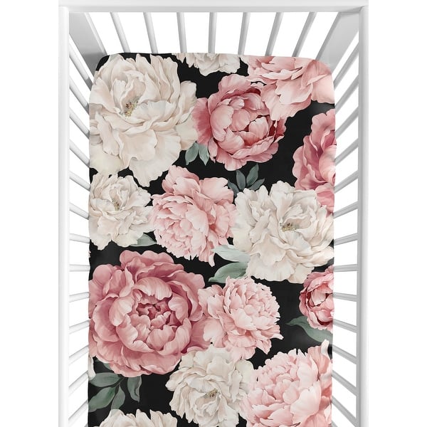 slide 2 of 6, Sweet Jojo Designs Black Pink Boho Shabby Chic Floral Girl Fitted Crib Sheet Bohemian Vintage Garden Watercolor Flower Nature