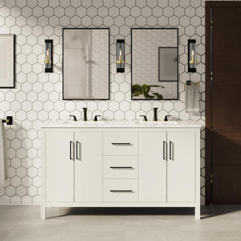 KitchenBathCollection Copenhagen 60" Double Bathroom Vanity with Engineered Marble Top