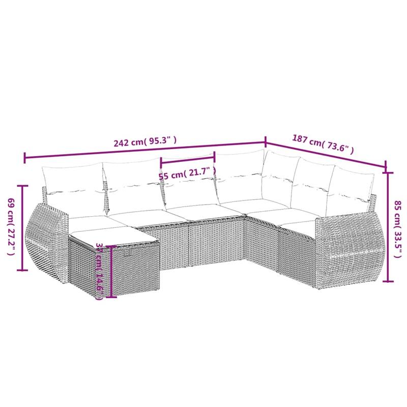 vidaXL Patio Sofa Set with Cushions Outdoor Conversation Furniture Poly Rattan - 24.4" x 24.4" x 27.2"