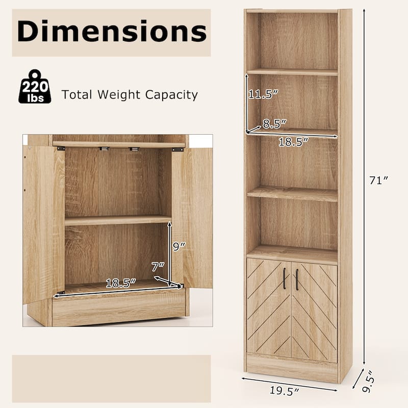Gymax 71'' Bookshelf w/2-Door Cabinet 6-Tier Bookcase Tall Storage