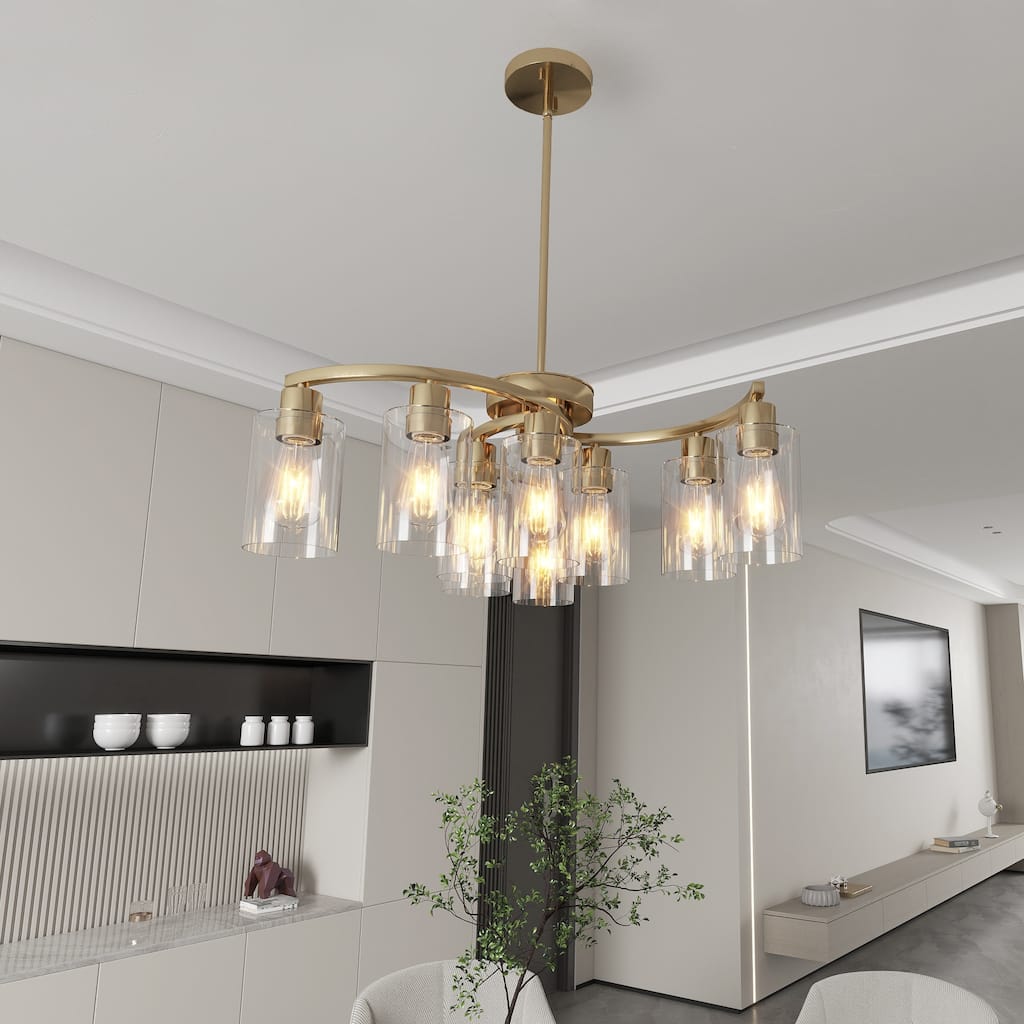 9-Light Glass Chandelier, Adjustable Height Dining Room Light Fixtures Over Table, Contemporary Hanging Chandelier
