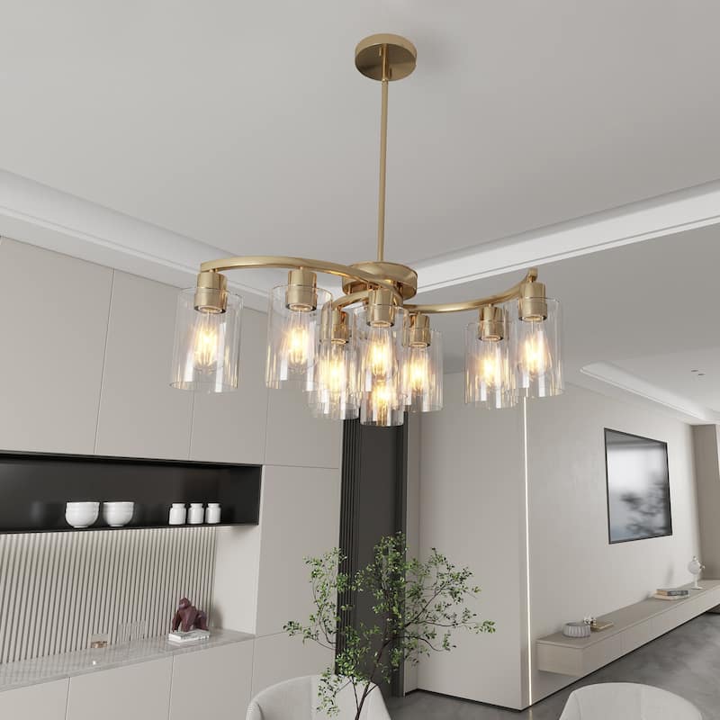 9-Light Glass Chandelier, Adjustable Height Dining Room Light Fixtures Over Table, Contemporary Hanging Chandelier - Golden