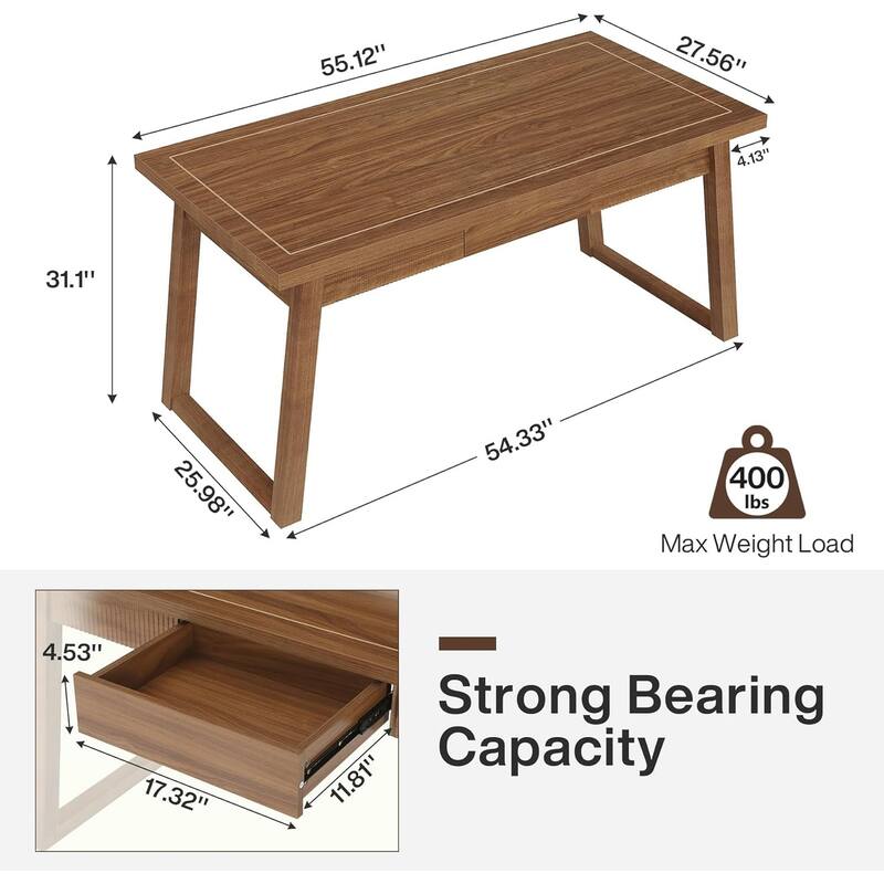 55 Inches Mid-Century Solid Wood Computer Desk with Drawer
