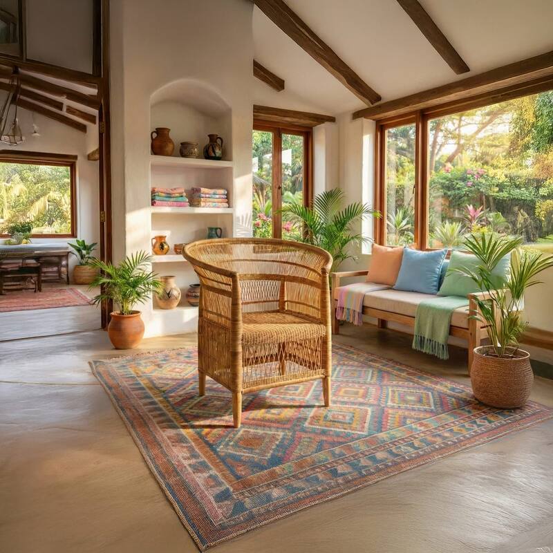 100% Solid Wood Frame Handwoven Natural Rattan Indoor Chair, Boho Farmhouse Accent Seating - Natural Unvarnished