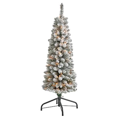 4’ Pre-Lit Pencil Flocked Artificial Christmas Tree, Clear LED Lights - 4 Foot