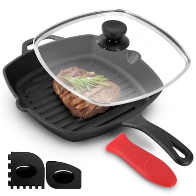 MegaChef 10.4 Inch Pre-Seasoned Cast Iron Griddle with Tempered Glass Lid
