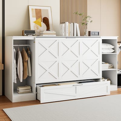 Roomfitters Twin Murphy Bed with Side Wardrobe, Open Shelves and Fold-Out Sleeping Space, White