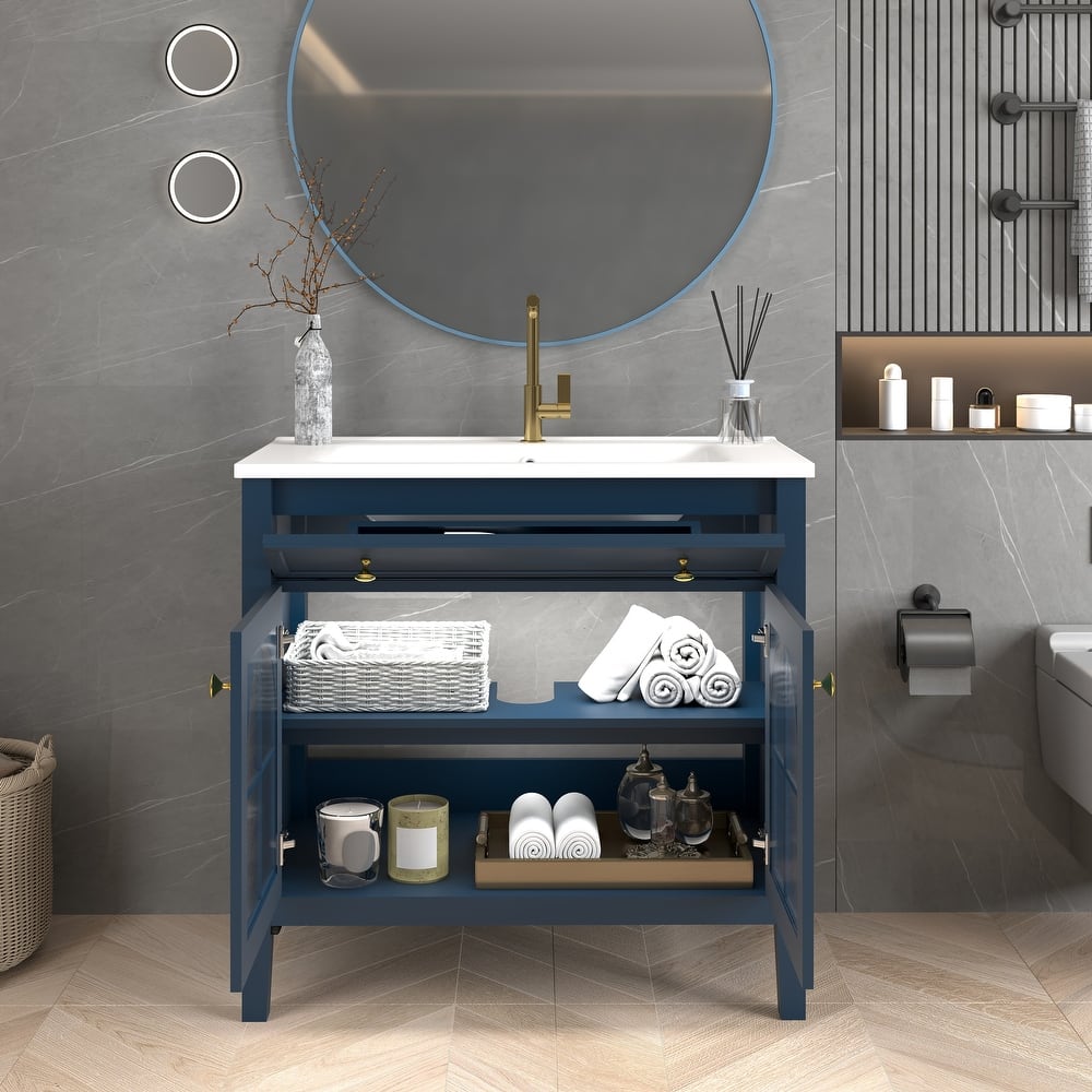 Modern Single Sink Bathroom Vanity Cabinet with Motion-sensor Light Strip & Patterned Glass, Ceramic Integrated Basin