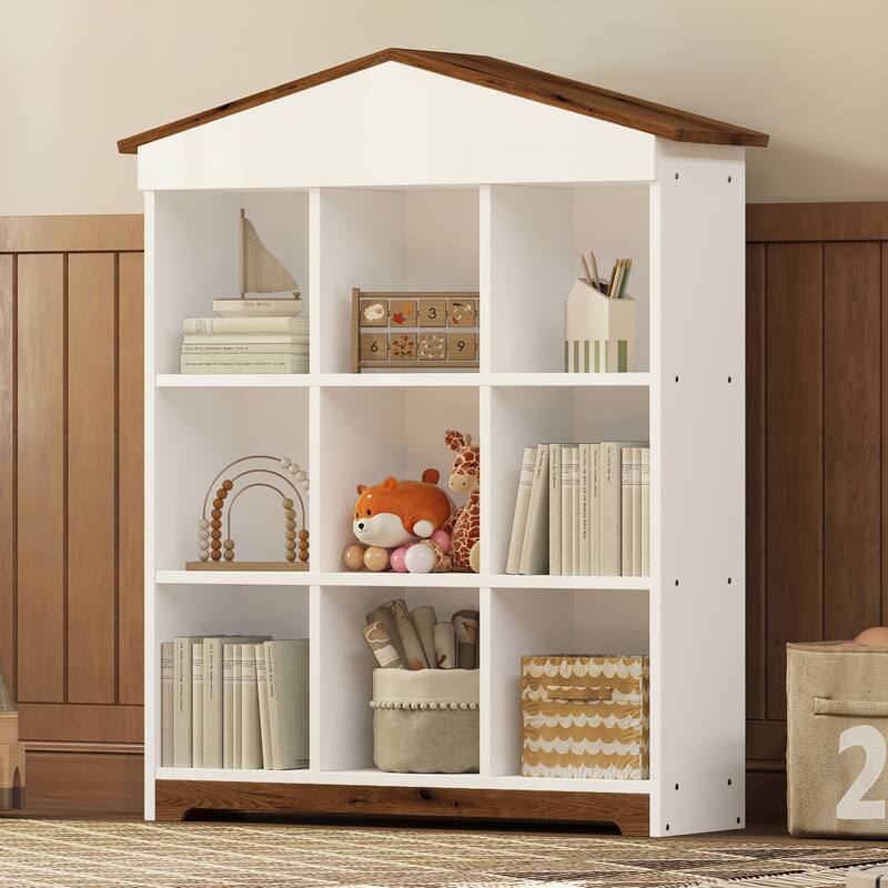 House shaped Storage Rack with Nine Storage Compartments,Three layer Bookshelf with Colorblock Design - Brown+White