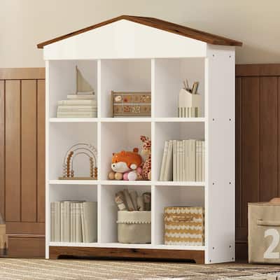 Three-layer Bookshelf with Colorblock Design, House-shaped Storage Rack with Nine Open Compartments, White+Brown