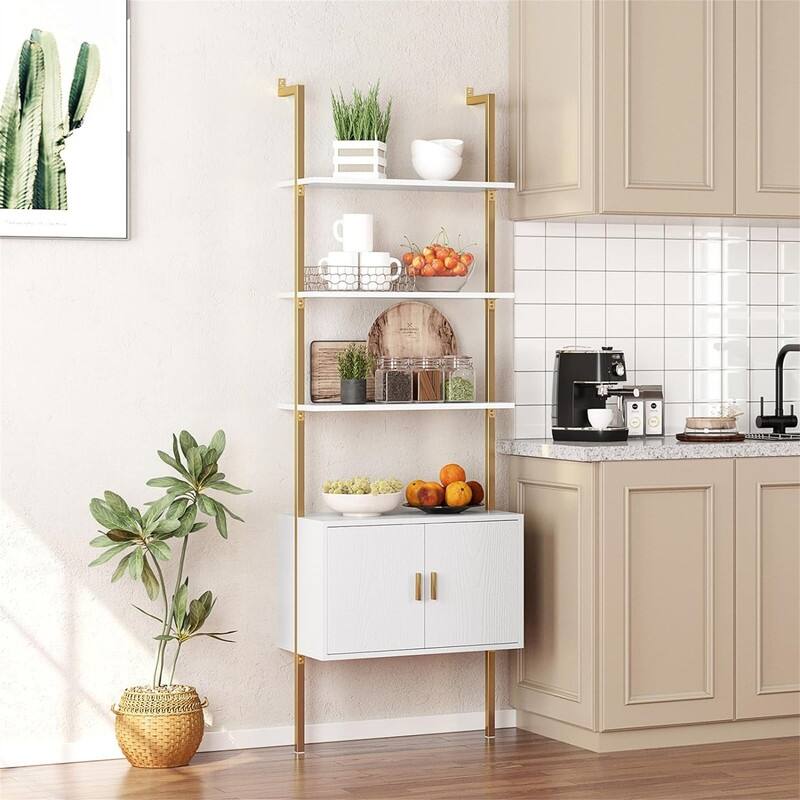 Ladder Bookshef with Cabinet Wall Mounted Bookcases - 13.8"D x 23.6"W x 72.8"H