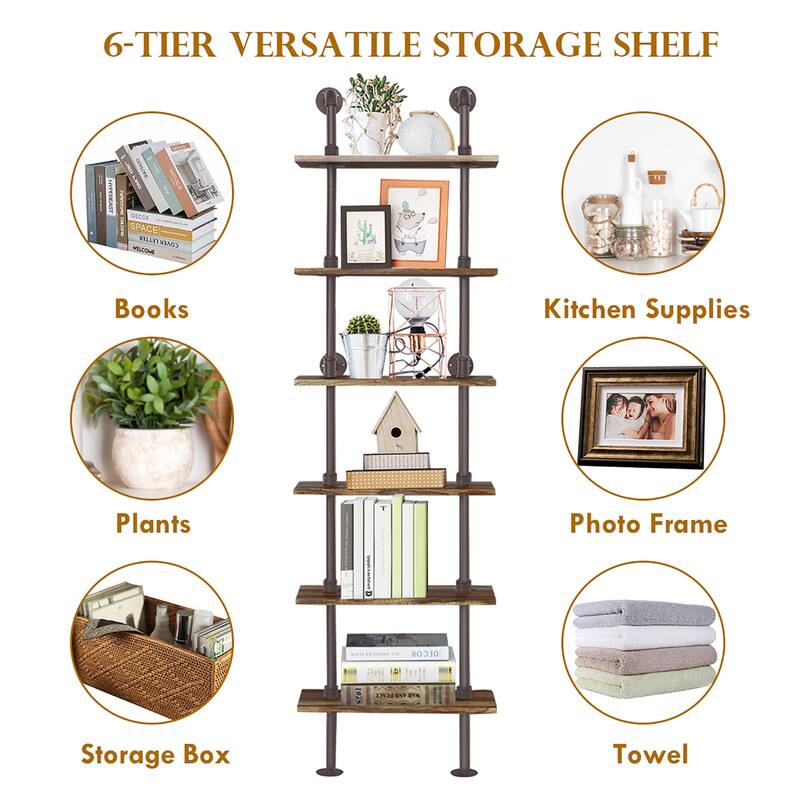 Costway 6-Shelf Rustic Pipe Shelving Unit, Vintage Industrial Pipe