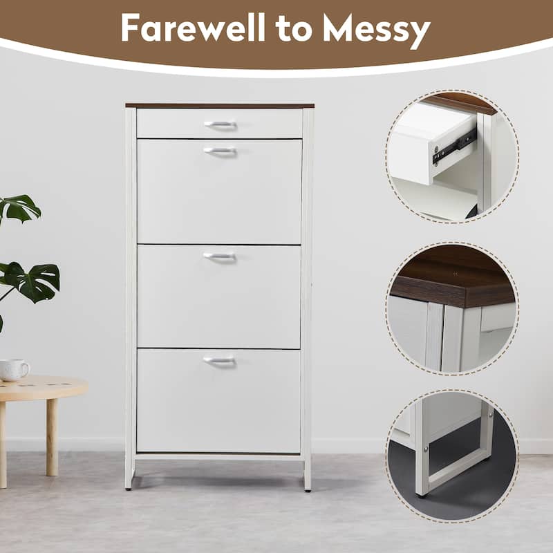 Hidden Wood Shoe Storage Cabinet, Narrow Shoe Cabinet with Drawers, 3-Tier 15 Pair Shoe Rack for Hallway, Entryway