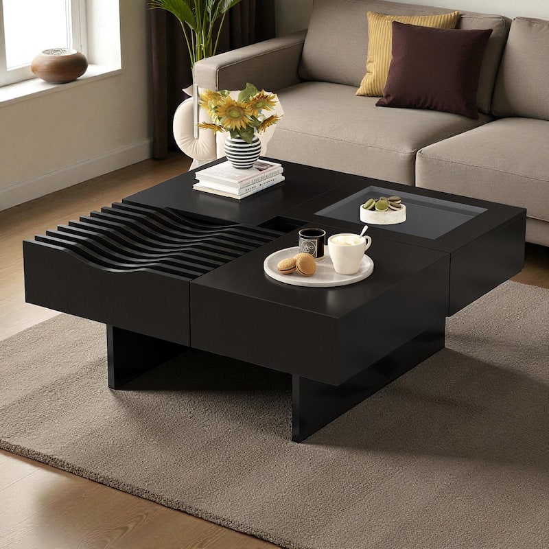 33'' Mid-Century Modern Square Coffee Table with 3 Drawers, Tempered Glass Top, Solid Wood Legs for Living Room