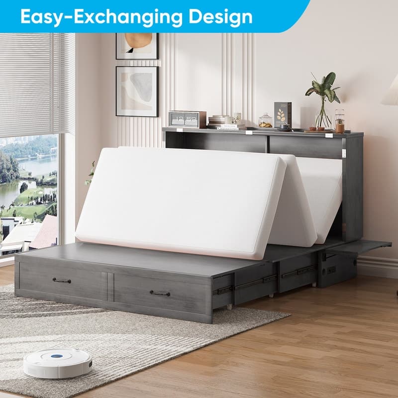 Mixoy Queen Size Murphy Bed with Mattress,Foldable Space-Saving Cube Cabinet Bed
