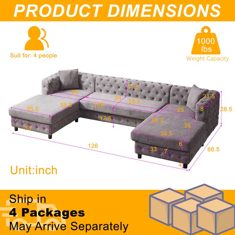 U-Shaped Chenille Sofa with Two Chaise Longue Seats and Pillows.