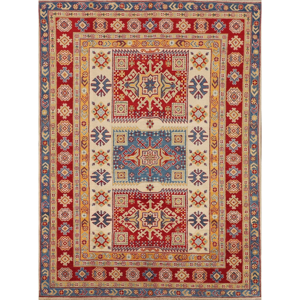 Geometric Kazak Oriental Area Rug Hand-Knotted Grey Wool Carpet - 4'10" x 6'5"