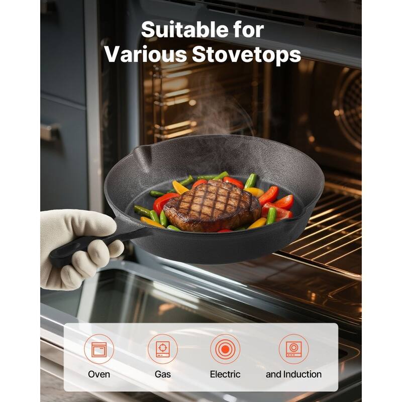 3 Piece Black Cast Iron Skillet Frying Pan Set with Ergonomic Handle for Stovetop and Oven Cooking