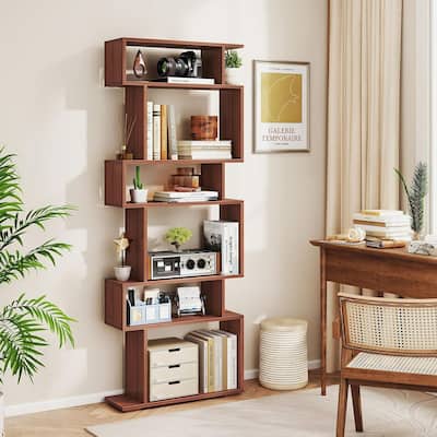 6-Tier Geometric Bookshelf S-Shaped Bookcase Wooden Display Shelf - 1 pcs