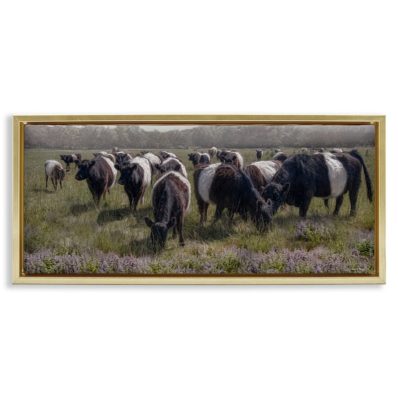 Stupell Black Cows Grazing in Pasture Framed Floater Canvas Wall Art Design By Robin-Lee Viera - 31 x 14 - Gold
