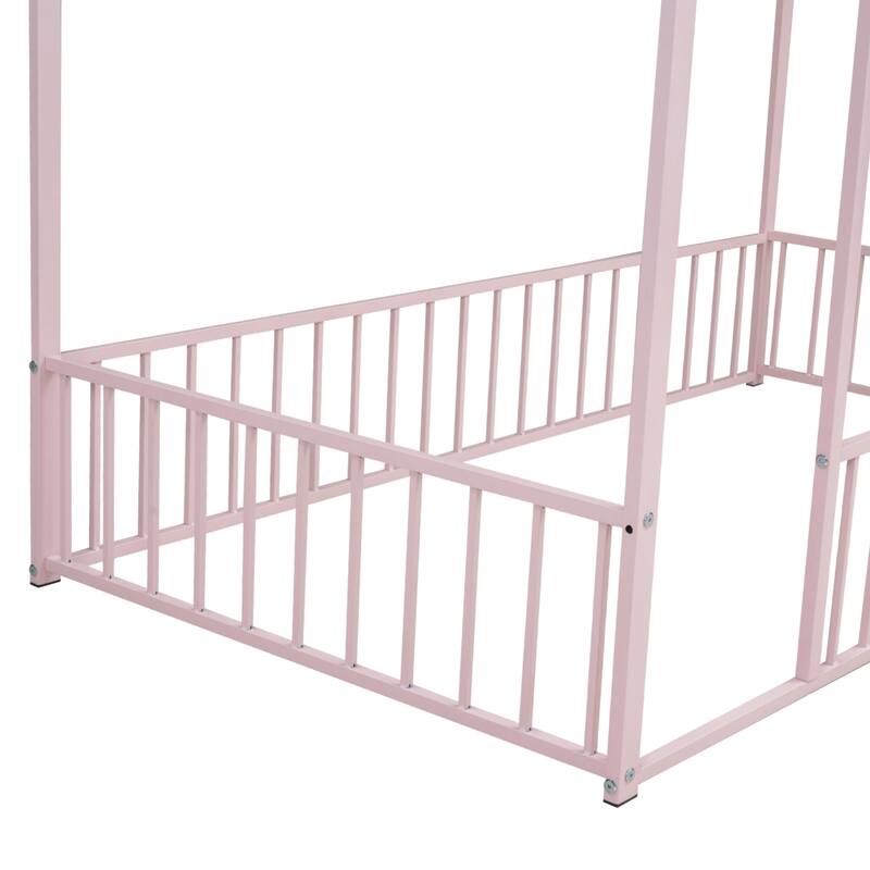 Kids' Twin/Full Metal House Bed Frame with Roof and Fence, Playful Sleep and Play Space, Sturdy Frame, Multiple Colors