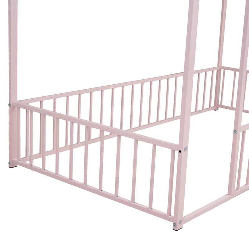 Metal House Bed Frame with Fence and Roof for Kids, Teens, Girls, Boys