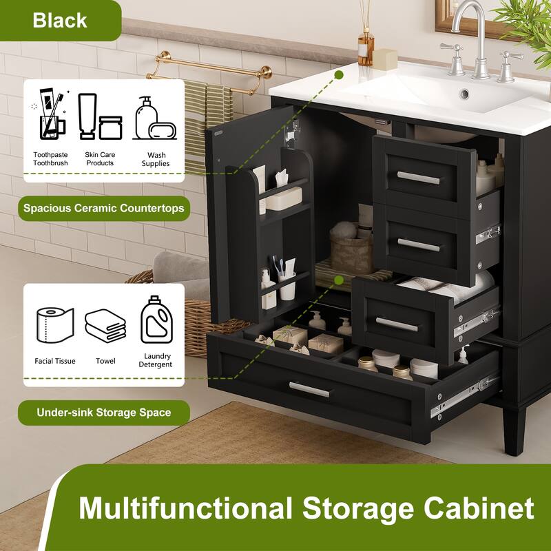 GDFStudio - Lumia Transitional Space Saving Freestanding Bathroom Vanity Cabinet with Ceramic Sink and Soft Close Storage