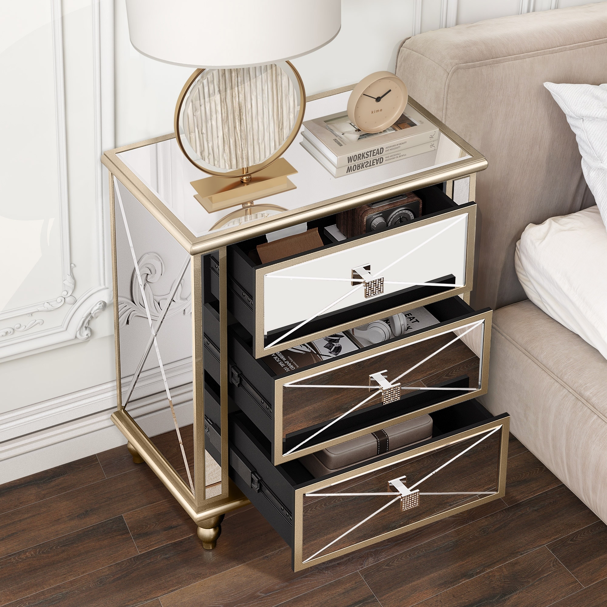 Moasis 3 Drawers Mirrored Accent Nightstan