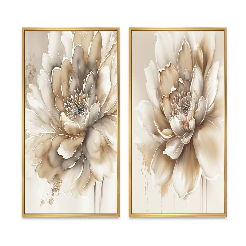 Designart "Single Beige Flower" Floral Framed Wall Art Set Of 2 - Beige Canvas Set For Living Room Decor