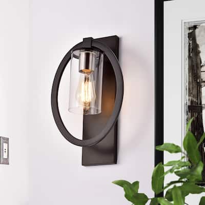Black 1-light Wall Sconce with Clear Glass Shade - W9-1/2" x E6" x H15-3/4"