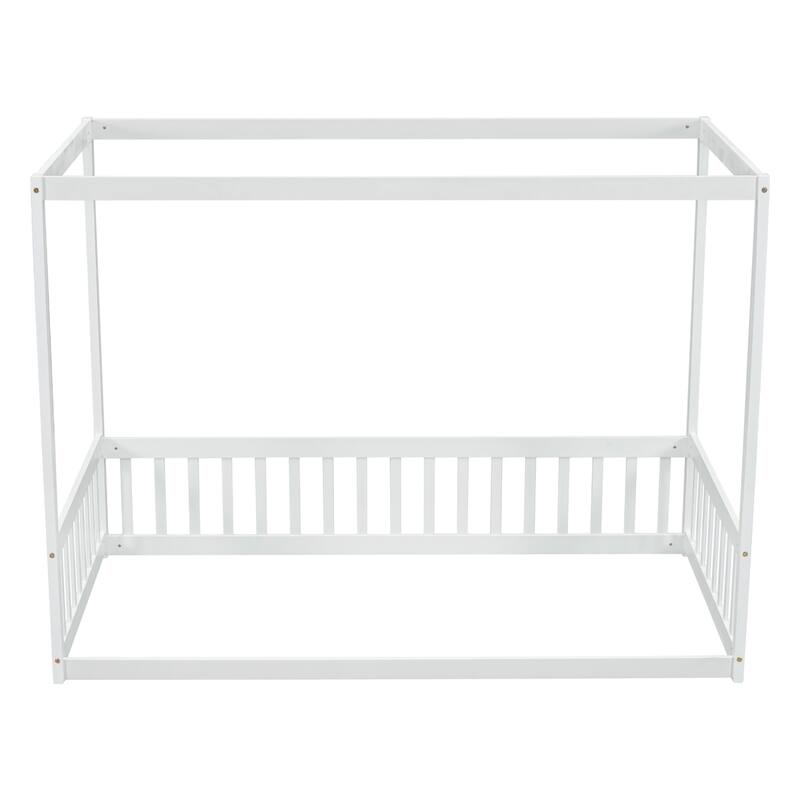 Twin Size Canopy Frame Floor Bed with Fence,Guardrails