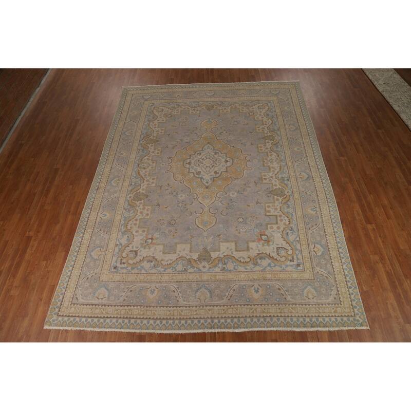 Geometric Tabriz Persian Area Rug Handmade Grey Wool Carpet - 9'3"x 12'4"