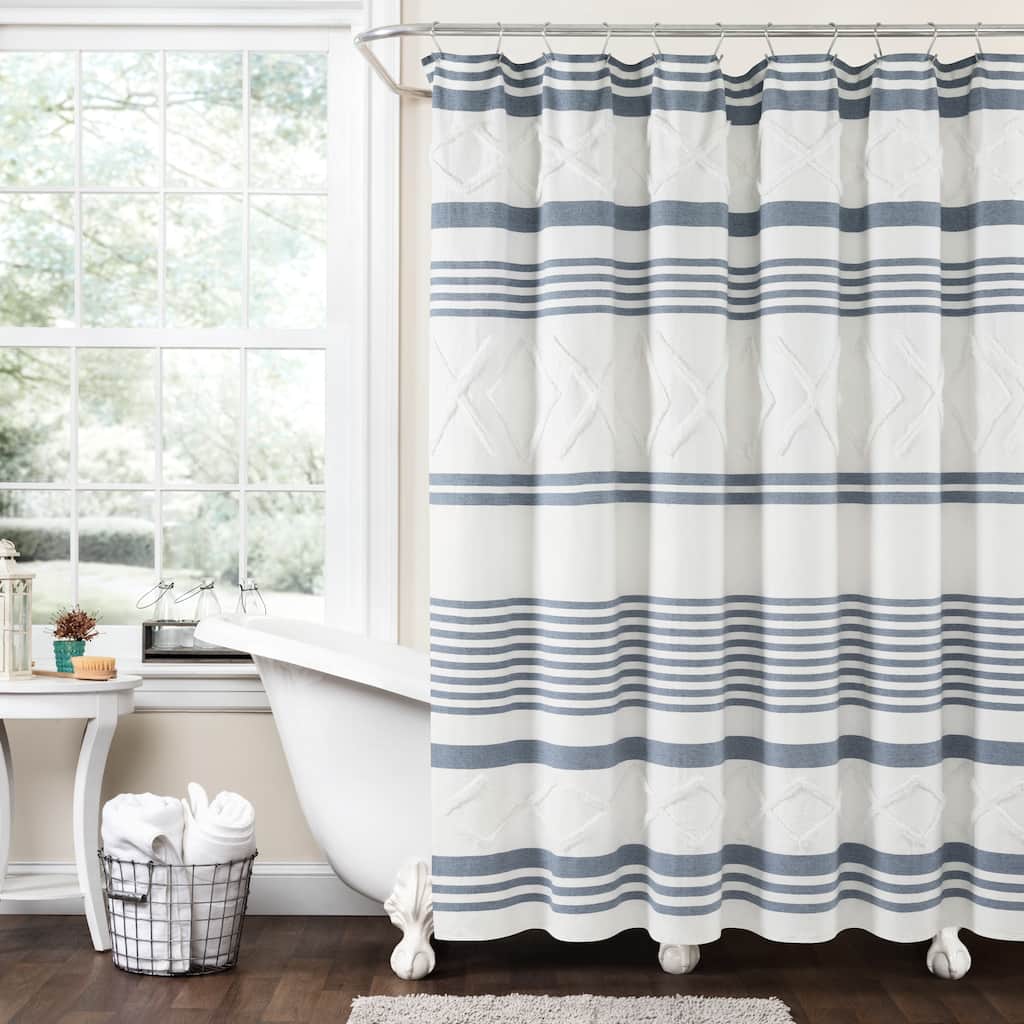 Lush Decor Urban Diamond Stripe Woven Tufted Eco-Friendly Recycled Cotton Shower Curtain Single