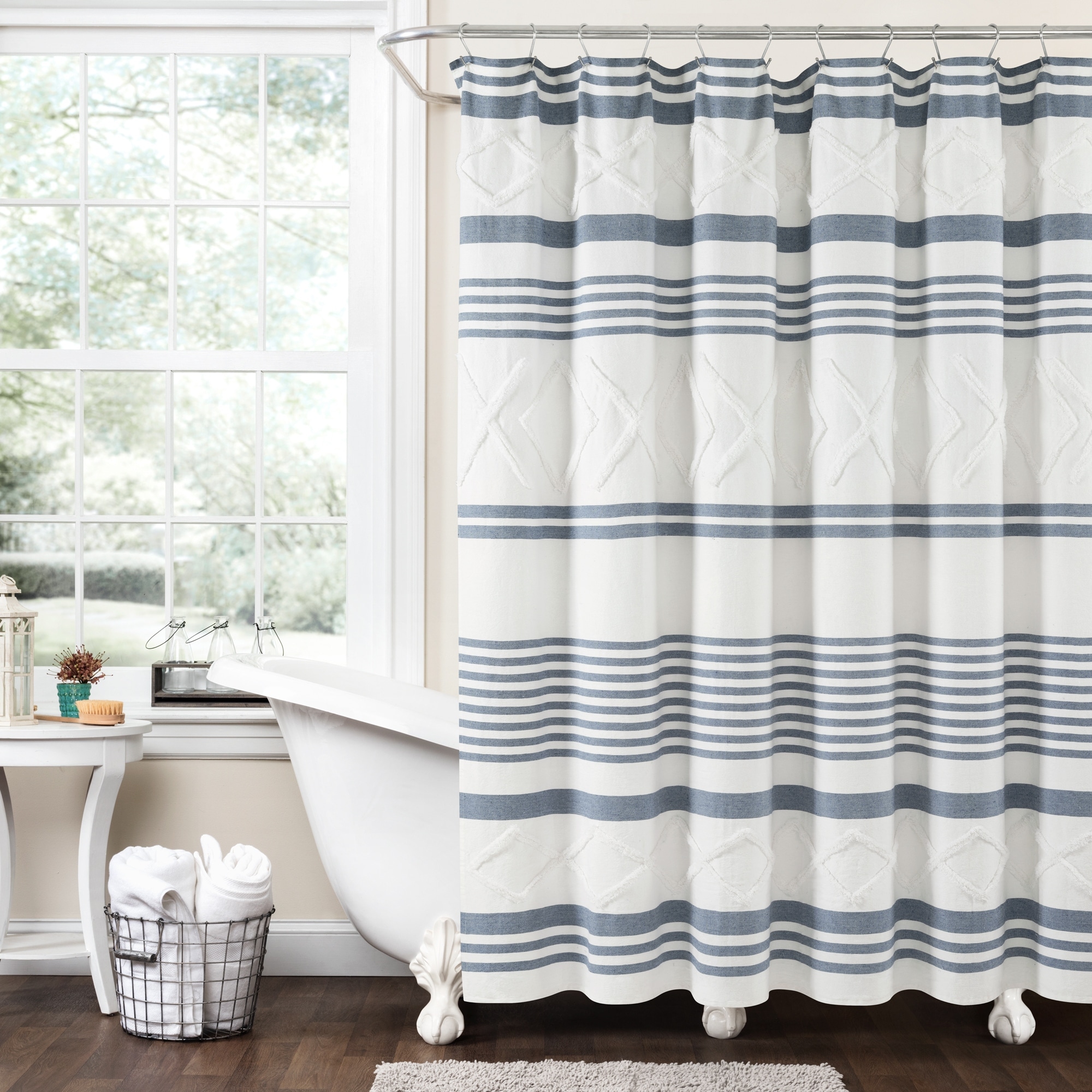 Lush Decor Urban Diamond Stripe Woven Tufted Eco-Friendly Recycled Cotton Shower Curtain Single