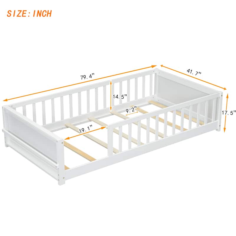 White Twin Size Pine Wood Floor Platform Bed with Built-in Book Storage Rack and Fence